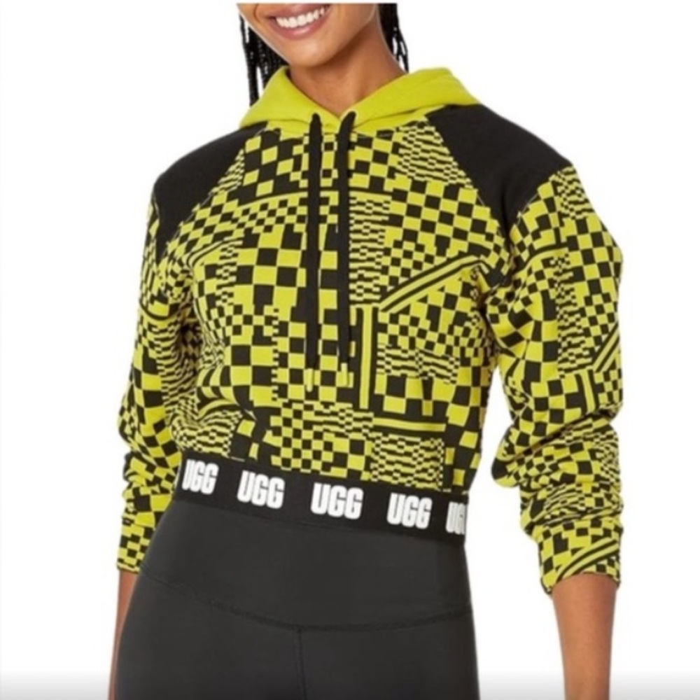 NWT UGG Mallory Cropped Hoodie Yellow Black Checks Pullover Sweatshirt